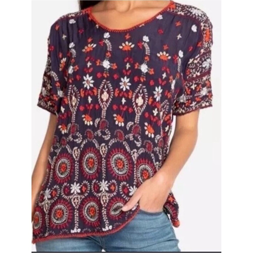 Johnny Was Melia Heavy Embroidered Floral Short Sleeve Top size S Artsy Coastal